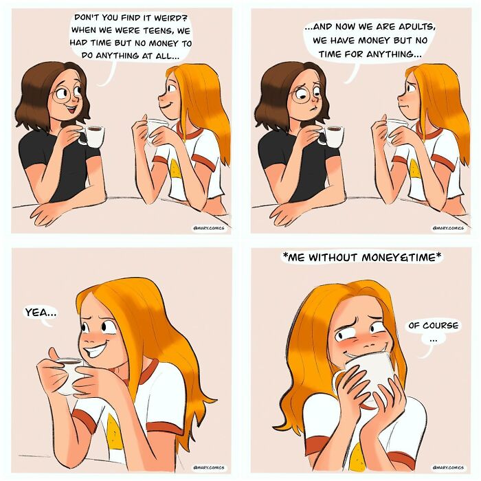 Humorous comic of two young women discussing balancing money and time over coffee.