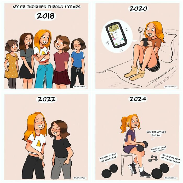 Humorous comic about evolving friendships from 2018 to 2024, highlighting relatable moments for young people.