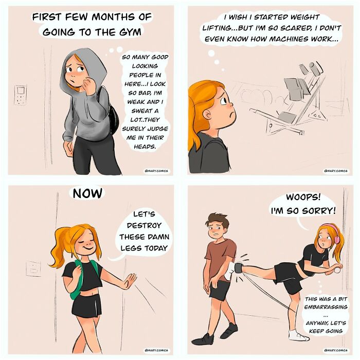 Humorous comic about gym struggles, showing a girl's journey from nervous beginner to confident exerciser.