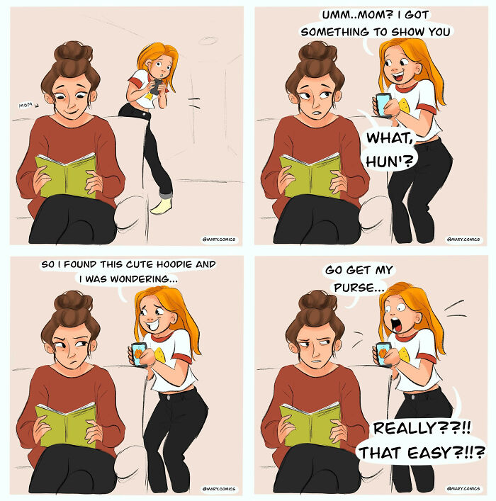 Humorous comic of a child showing a phone to a parent, who is reading, leading to a surprise.