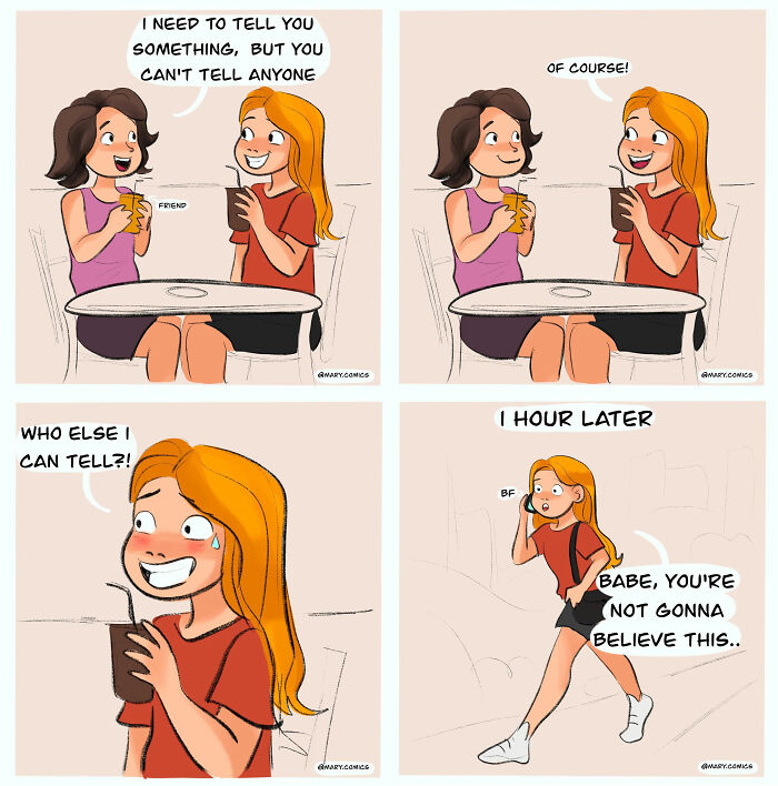 Humorous comic depicting a girl promising confidentiality, then sharing a secret over the phone an hour later.