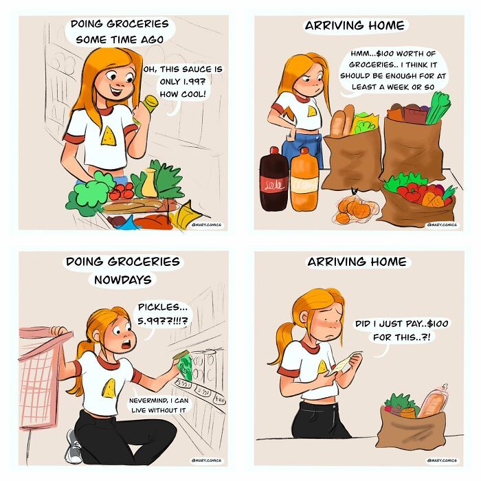 Comical strip about grocery shopping experiences, showcasing humorous differences and relatable moments for young people.