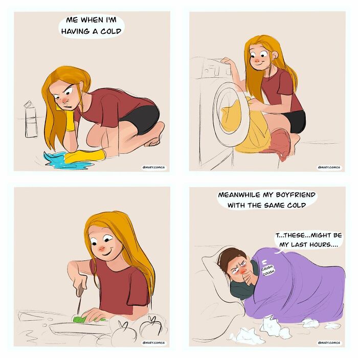 Humorous comic about different reactions to having a cold; a woman cleans while a man lies in bed dramatically.