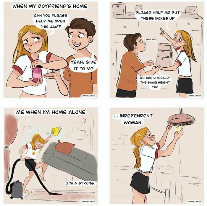 Humorous comic about a young woman's relatable struggles and independence featuring interactions with her boyfriend.