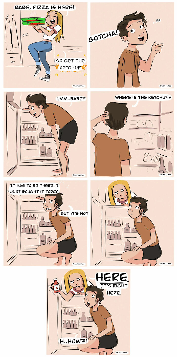 Humorous comic about a young couple struggling to find ketchup in the fridge.