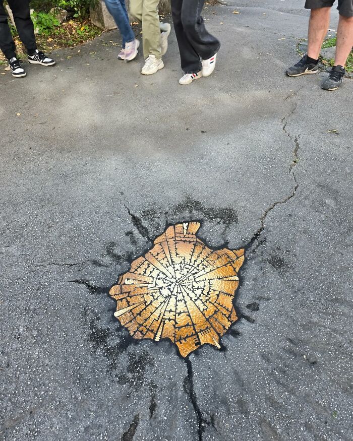 People standing near a cracked sidewalk repaired with vibrant mosaic art depicting a tree stump.