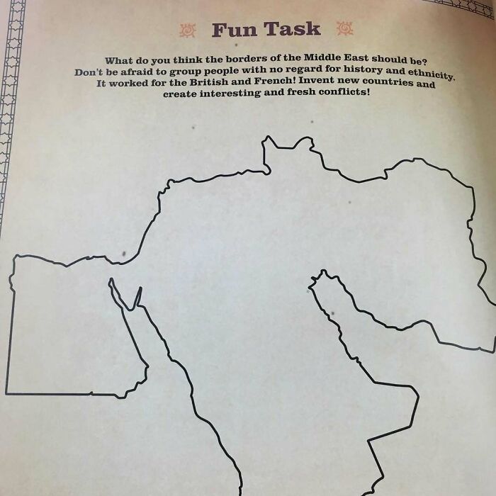 Outline of Middle East with humorous task about creating borders, highlighting historical memes.