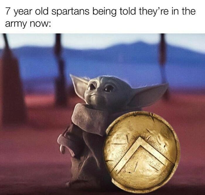 Baby Yoda holding a Spartan shield, depicting a humorous and accurate historical meme about young soldiers.