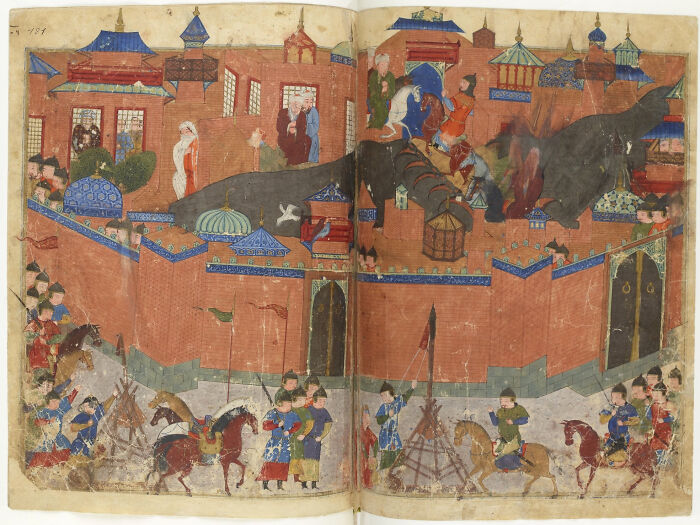 Historical painting of medieval battle scene with soldiers and horses in front of a fortress.