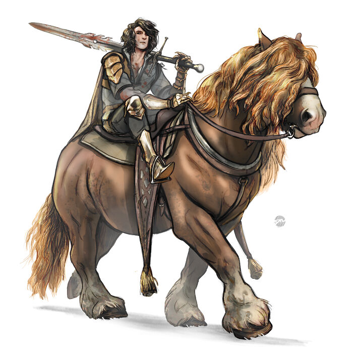 Character illustration riding a large horse companion.