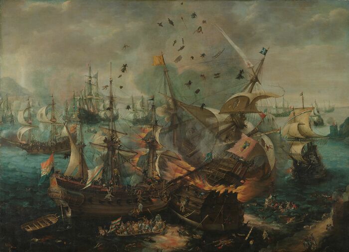 Historic naval battle painting, capturing influential moments with sailing ships and dramatic seas.