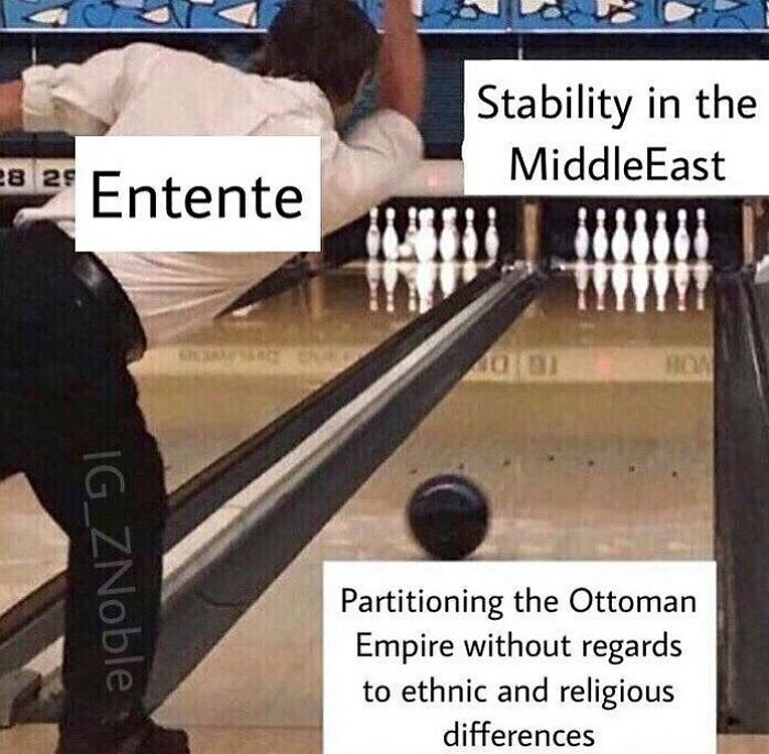 Bowling meme humorously depicting historical events with "Entente" hitting "Stability in the Middle East."