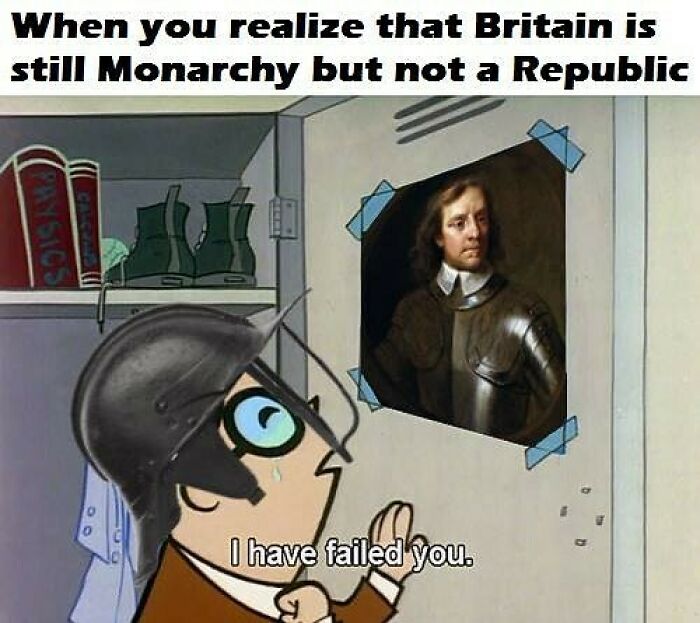 Cartoon character looking at a historical portrait, captioned "I have failed you," with a humorous history meme.