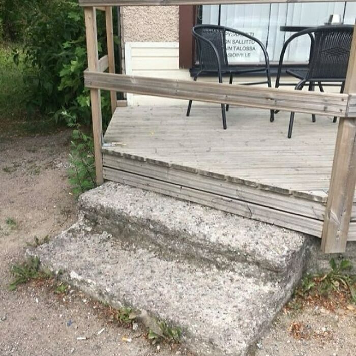 Construction fail showing a misaligned porch entrance with blocked access, highlighting a design oversight.