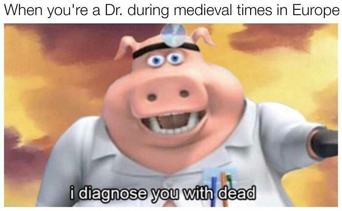 Funny history meme of a cartoon doctor pig diagnosing someone as dead.