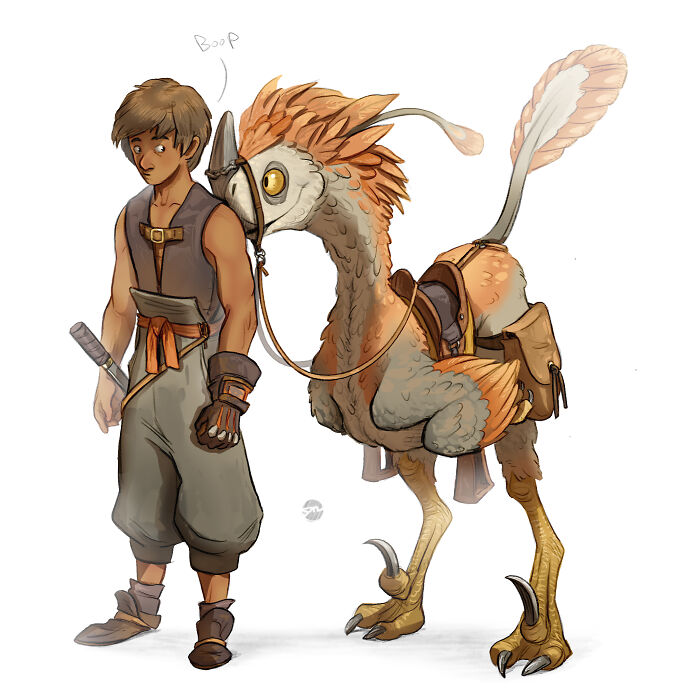 Character with creature companion, a bird-like being nuzzling their arm, both in a fantasy illustration setting.