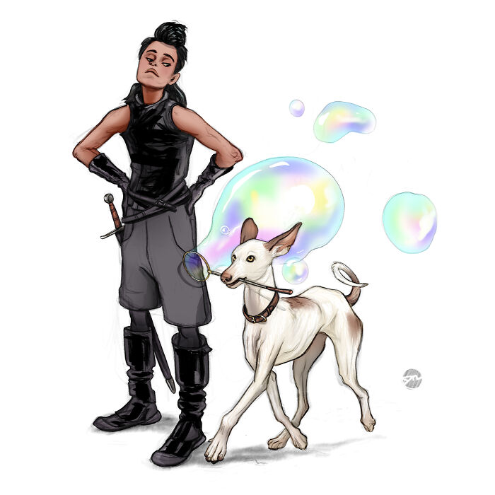 Character with creature companion blowing bubbles, wearing dark outfit and boots.