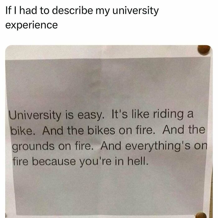 Text meme humorously comparing university life to chaos with everything on fire.