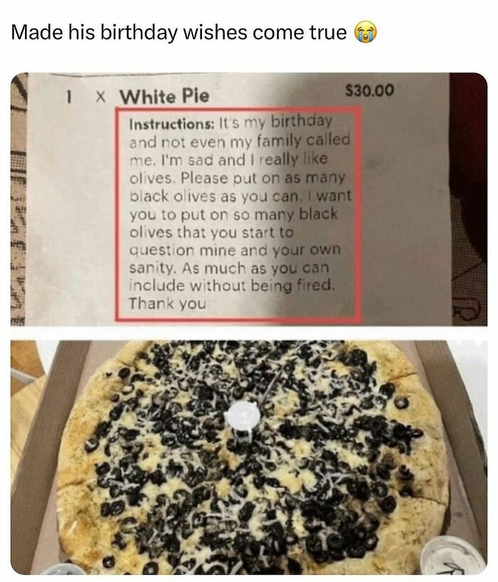 Wholesome kindness post showing a pizza order with a request for extra olives, fulfilled with a pizza covered in olives.