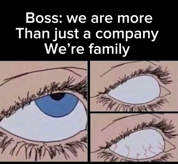 Work meme depicting an eye roll response to a boss saying, "We are more than just a company, we're family."