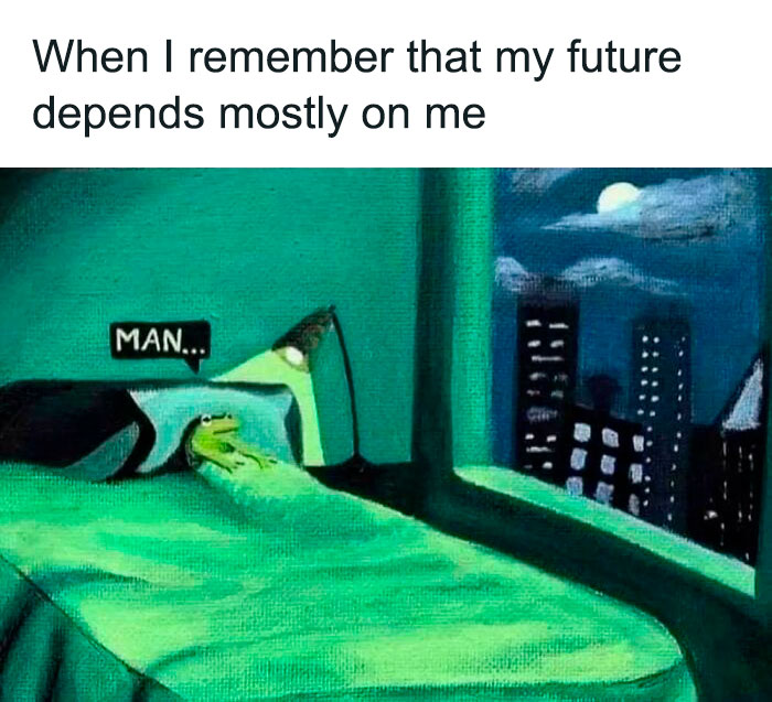 Relatable mental health meme: a frog in bed under moonlight, thinking deeply about personal responsibility.