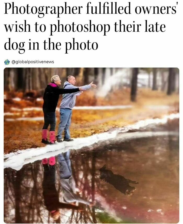 Couple by a lake, gazing at their dog's reflection, showcasing wholesome kindness in fulfilling a heartfelt request.