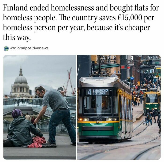 A man offers help to a homeless person in a city, alongside a busy tram street. Wholesome kindness posts.