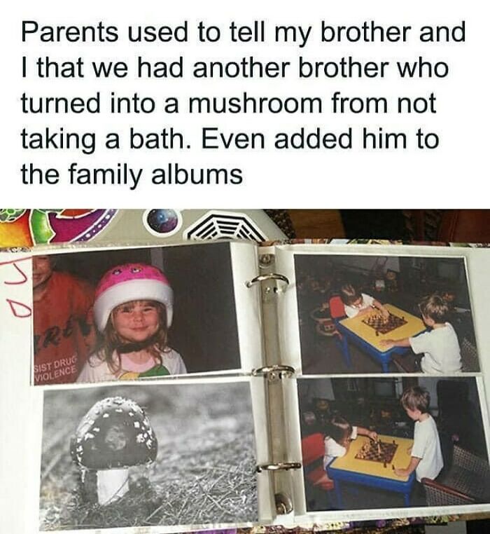 Parents create a funny meme involving kids' bath time and a mushroom photo in a family album.