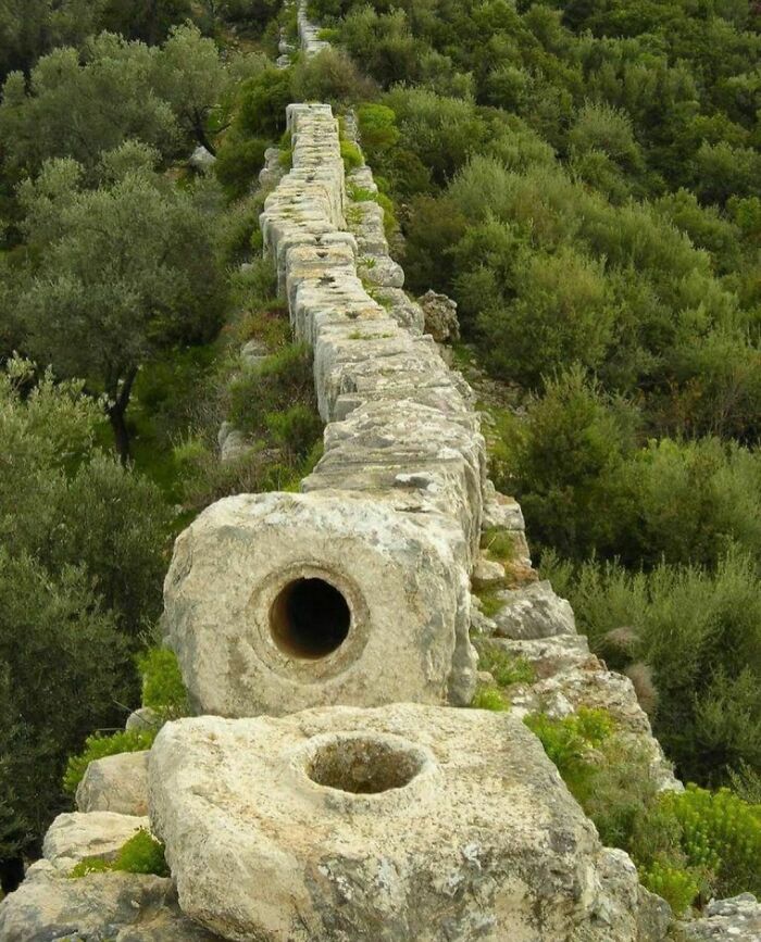 Ancient aqueduct remains surrounded by lush greenery, showcasing fascinating history.