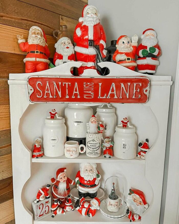 Vintage Santa figurines and jars on a festive shelf, perfect for Christmas decorating ideas.