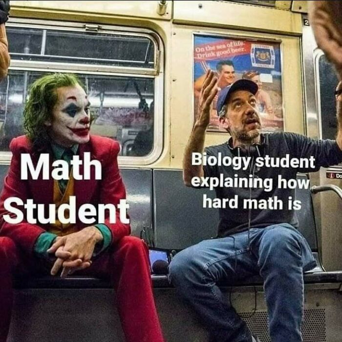 Math student dressed as a clown listens to a biology student on a subway, illustrating a hilarious science meme.