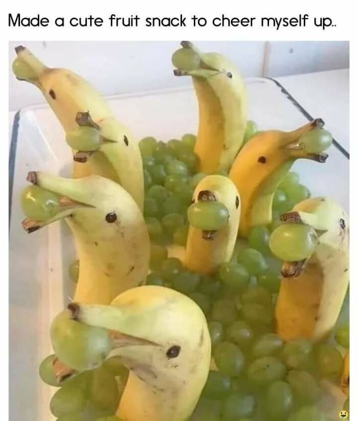 Bananas arranged as ducks with grapes in a humorous fruit snack, perfect for the "funny memes" concept.