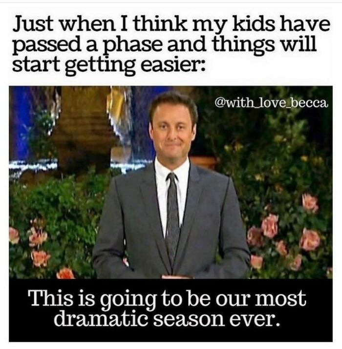 Raising kids meme with a man in a suit, humorously comparing parenting to a dramatic season.