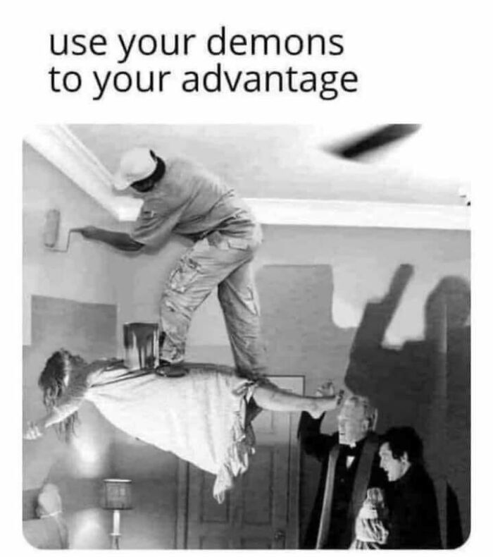 Humorous meme showing a man using supernatural levitation to paint a ceiling.