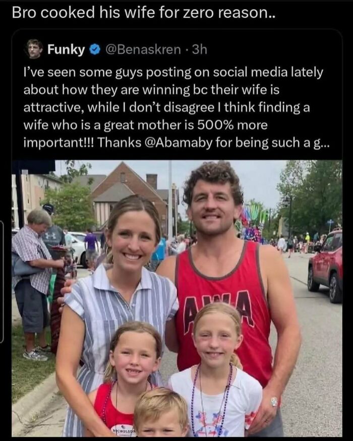 Family posing on a street during a parade, highlighting a worst-funny-fail moment with a humorous tweet overlay.