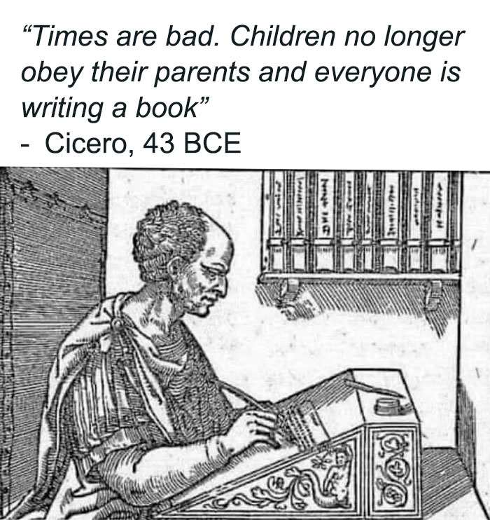 Ancient figure writing, featured in a mental health meme about generational changes and book writing trends.