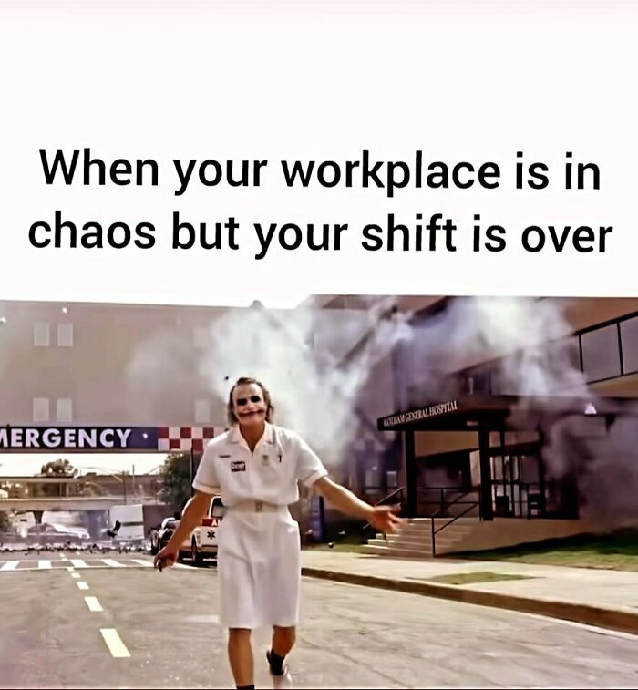 Person walking away from a chaotic workplace scene with a smile, embodying the humor of work memes.