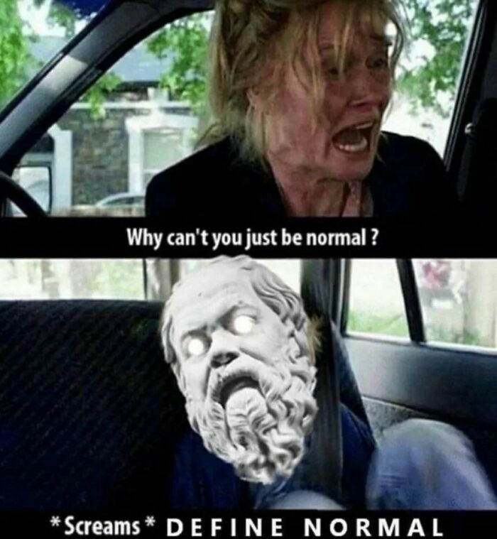 Relatable mental health meme showing a person in a car yelling at a statue head with glowing eyes.