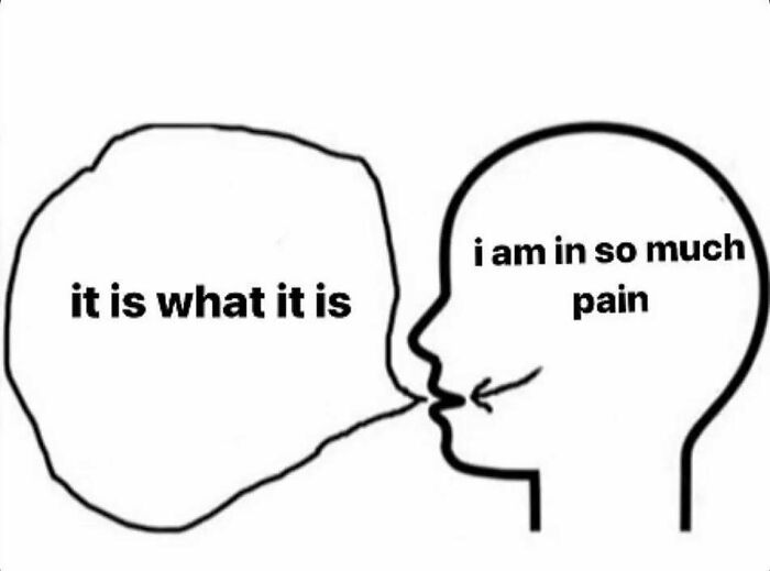 Graphic of head with text showing relatable mental health meme humor about hidden pain.