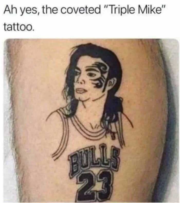 Tattoo of a person wearing a Bulls jersey with number 23, incorporating unhinged and relatable humor.