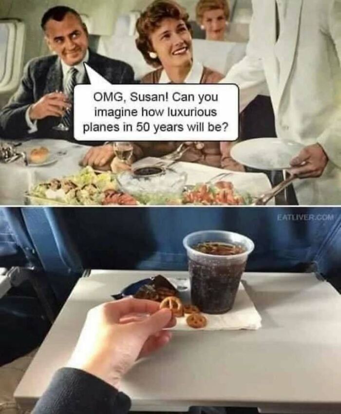 Retro scene predicting future flight luxury juxtaposed with current plane meal, capturing relatable humor from a funny meme page.