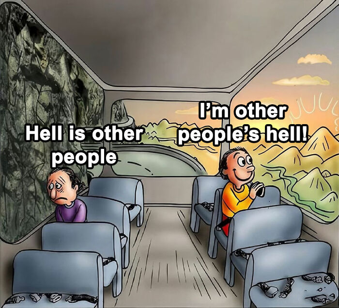 Cartoon of two bus passengers with contrasting views, highlighting relatable mental health themes.