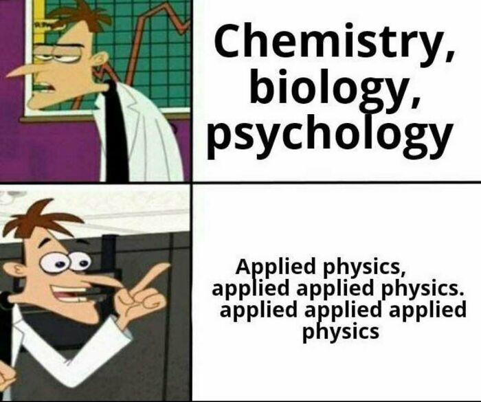 Cartoon character discussing science humorously with text about chemistry and physics.