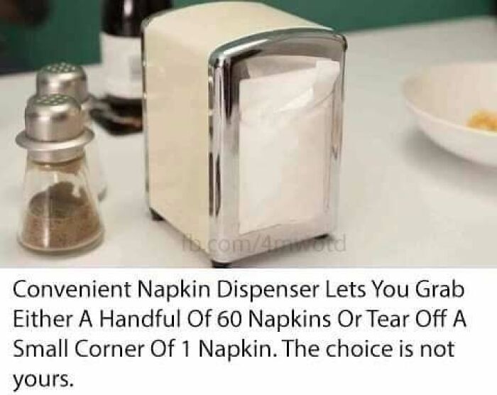 Napkin dispenser meme highlighting its unhinged, relatable design flaw next to salt and pepper shakers.