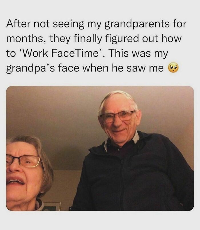 Elderly couple smiling during a video call, illustrating wholesome kindness.