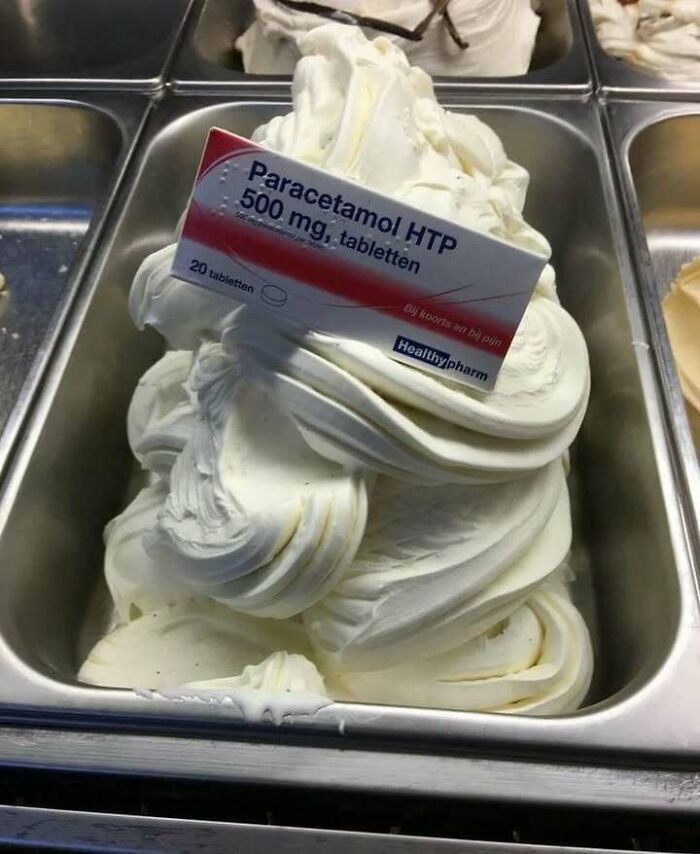 Ice cream labeled as paracetamol, a hilarious relatable mental health meme.