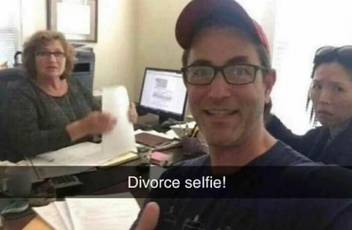 Man taking a selfie with two others, one holding documents, with text "Divorce selfie!" for a mental health meme.