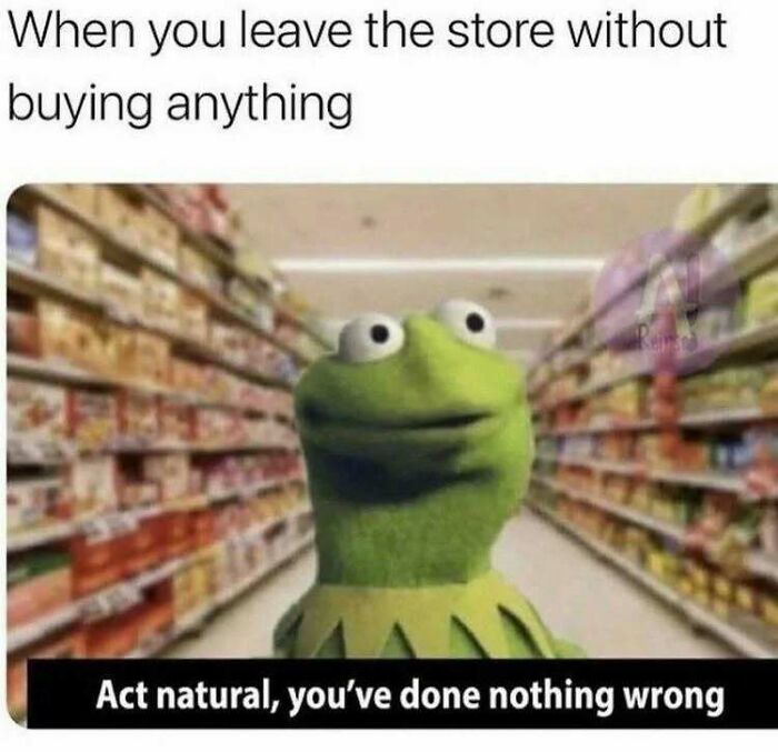 Kermit in a grocery aisle, humorous relatable mental health meme about acting natural after leaving without buying.