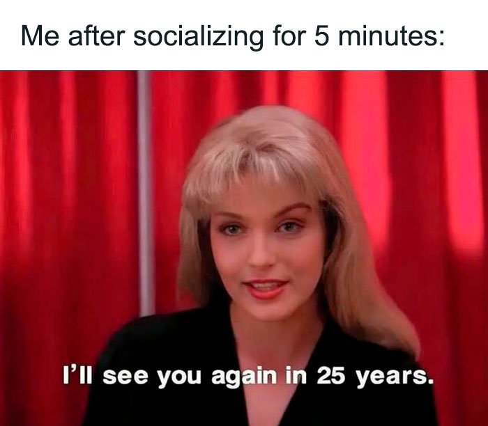 Relatable mental health meme about socializing fatigue, featuring a woman with a humorous caption on a red curtain background.