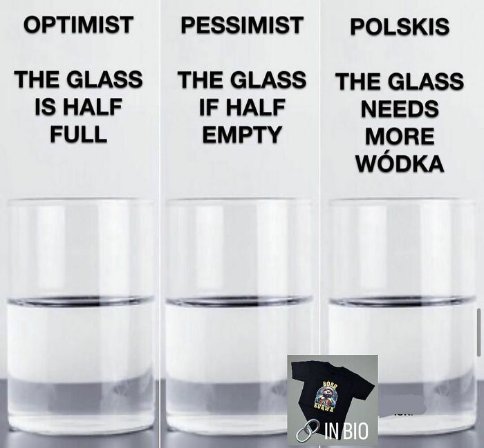 Polish memes depicting optimist, pessimist, and Polskis perspectives on a glass of water.